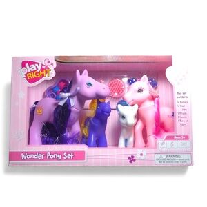 Play Right Wonder Pony Toy Set: 4 Horses, Hairbrushes, Hair Clips